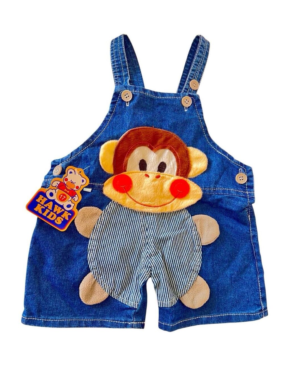 VTG Hawk Kids Monkey Denim Overalls NWT NOS Size 17 Retro Baby Shortalls 12M-24M